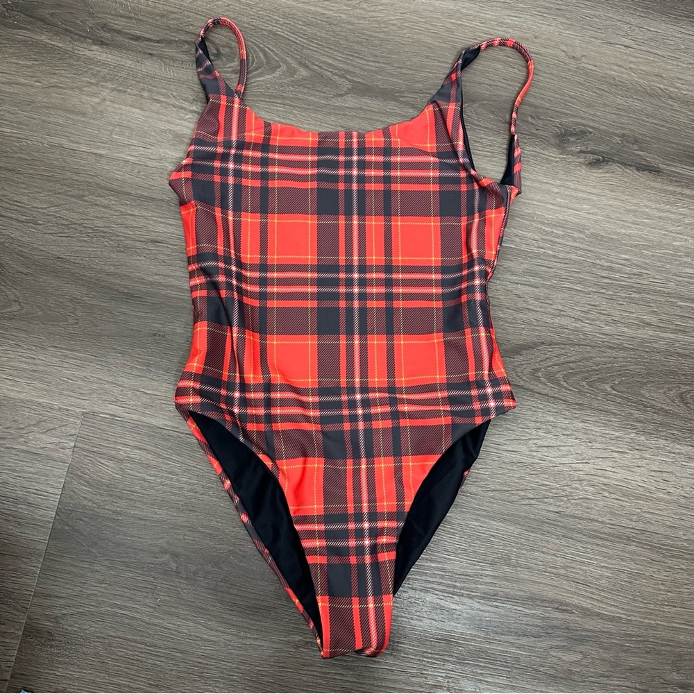 Red plaid one piece bathing suit XS